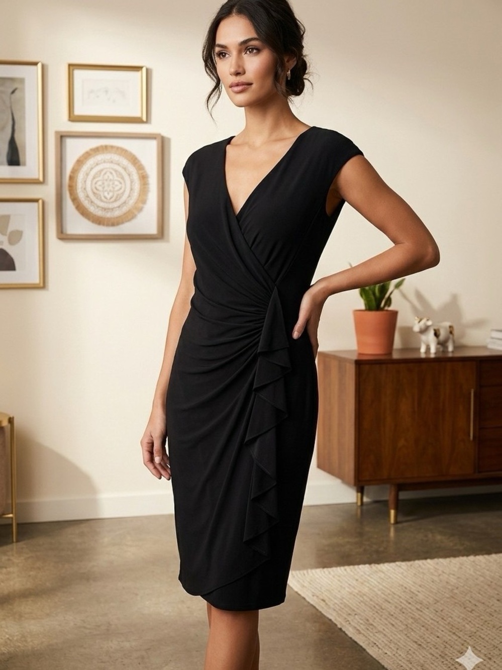 American Living Black V-Neck Ruched Midi Dress Size 2 EUC/Like New